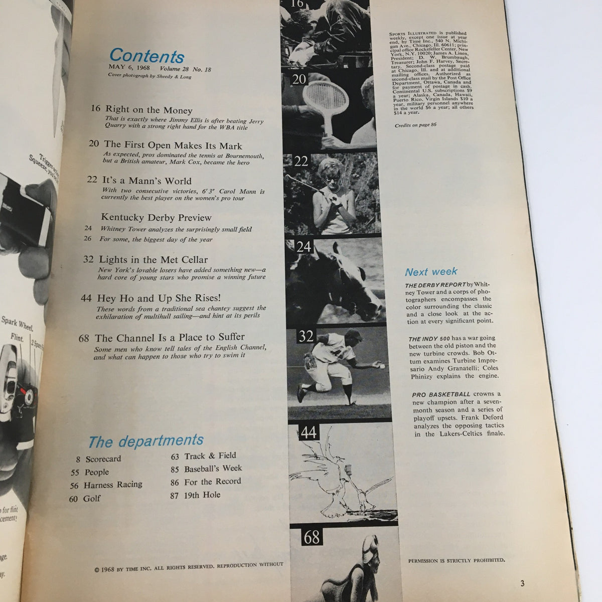 Contents page of Sports Illustrated Magazine May 6, 1968, detailing articles including 'Right on the Money' and 'The First Open Makes Its Mark', highlighting various sports features.