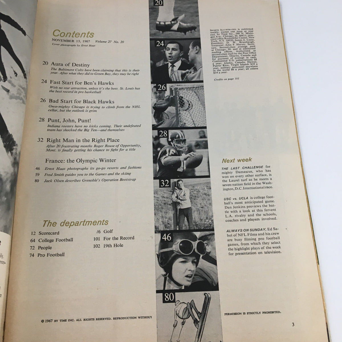 Contents page of Sports Illustrated Magazine November 13, 1967 displaying articles on various sports including skiing, football, and the Olympic Winter, with a notable feature on Ernst Hast's ski photography.