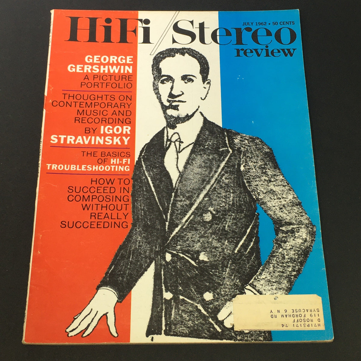 Cover of VTG HiFi Stereo Review Magazine from July 1962 featuring George Gershwin with the title 'George Gershwin: A Picture Portfolio', alongside articles by Igor Stravinsky and tips on hi-fi troubleshooting.