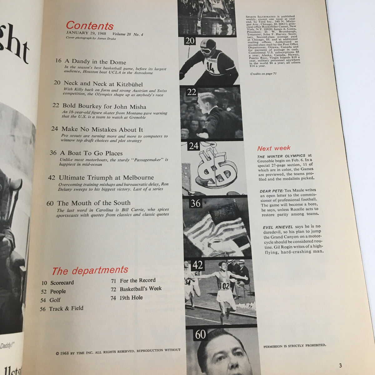 Contents page of Sports Illustrated Magazine from January 29, 1968, listing articles including features on basketball, skiing, and the upcoming Winter Olympics.