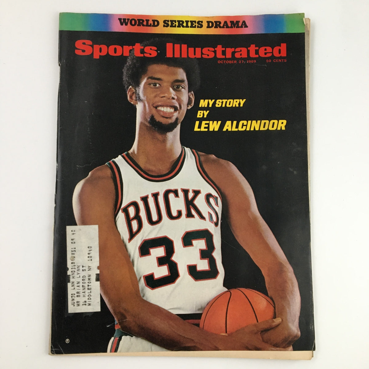 Cover of Sports Illustrated Magazine from October 27, 1969, featuring NBA My Story by Lew Alcindor, showcasing a smiling Lew Alcindor in a Bucks jersey holding a basketball.