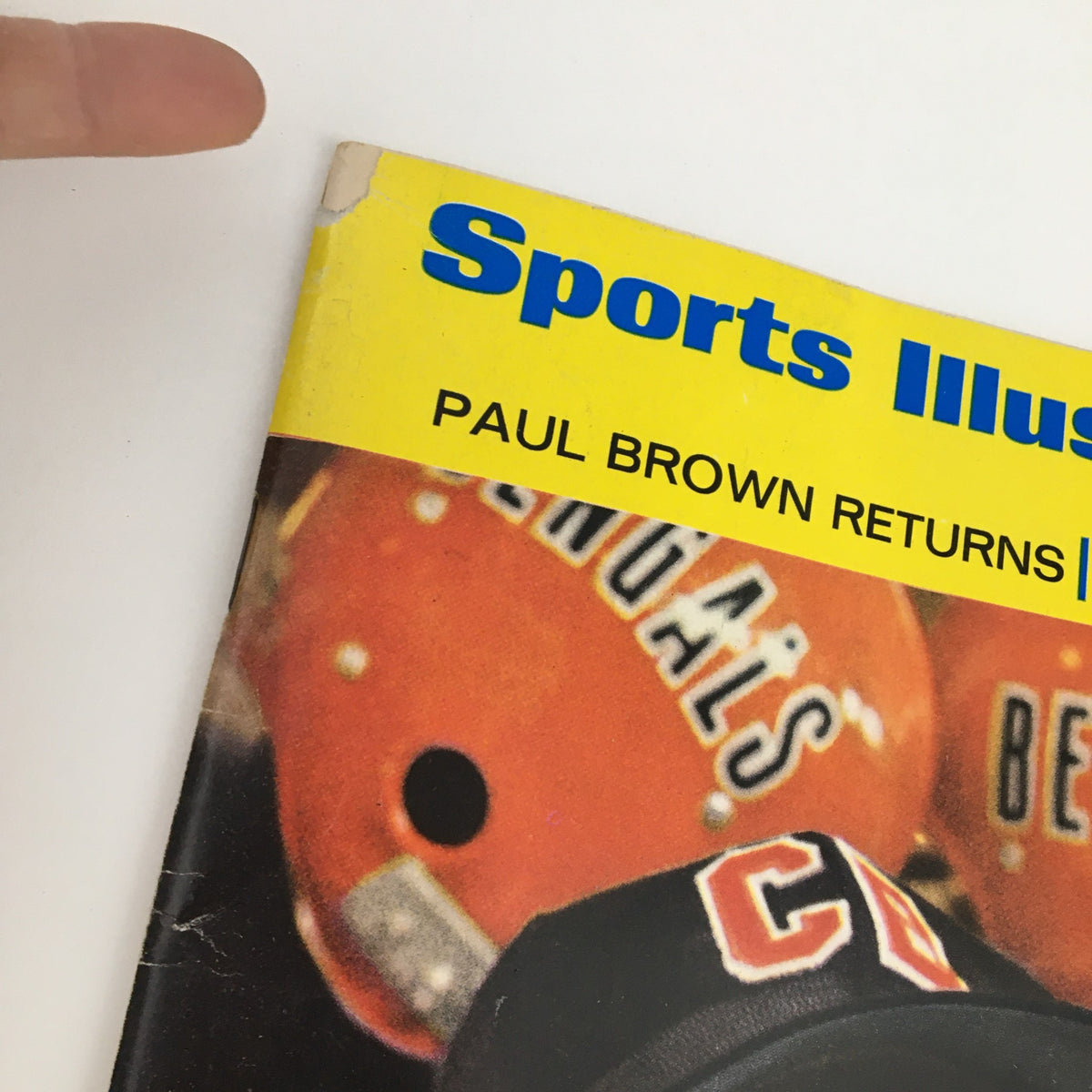 Close-up of the cover of Sports Illustrated Magazine August 12, 1968, showcasing the title 'Paul Brown Returns' along with iconic Bengals helmets.
