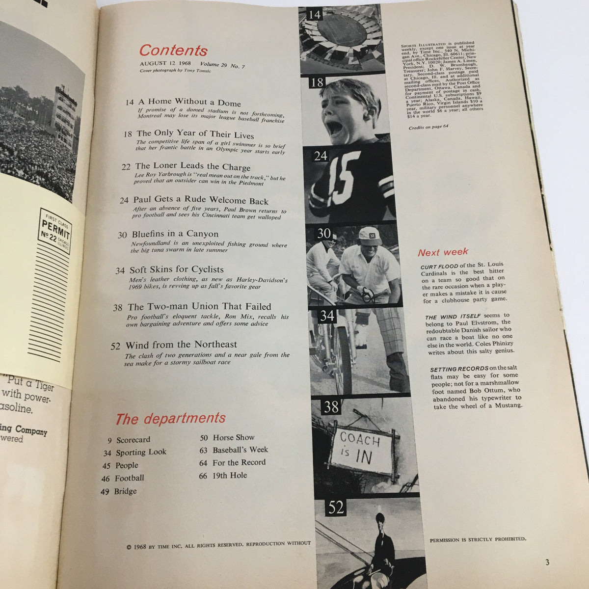 Contents page of Sports Illustrated Magazine August 12, 1968, listing features including an article about Paul Brown's return to football.