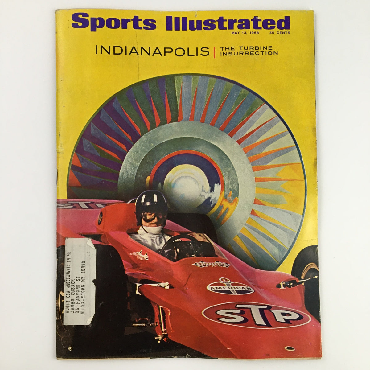 Cover of Sports Illustrated Magazine dated May 13 1968 featuring Indianapolis The Turbine Insurrection, showcasing a race car and a vibrant background.