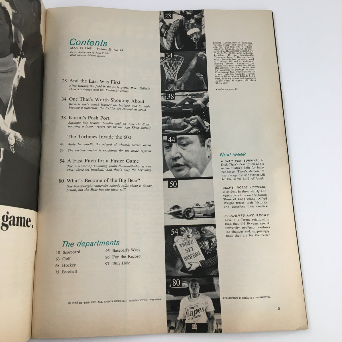 Inside page of Sports Illustrated Magazine from May 13, 1968, featuring the table of contents with highlights such as 'Karim's Posh Port,' 'The Turbines Invade the 500,' and 'What's Become of the Big Bear,' detailing articles of that era's sports events.