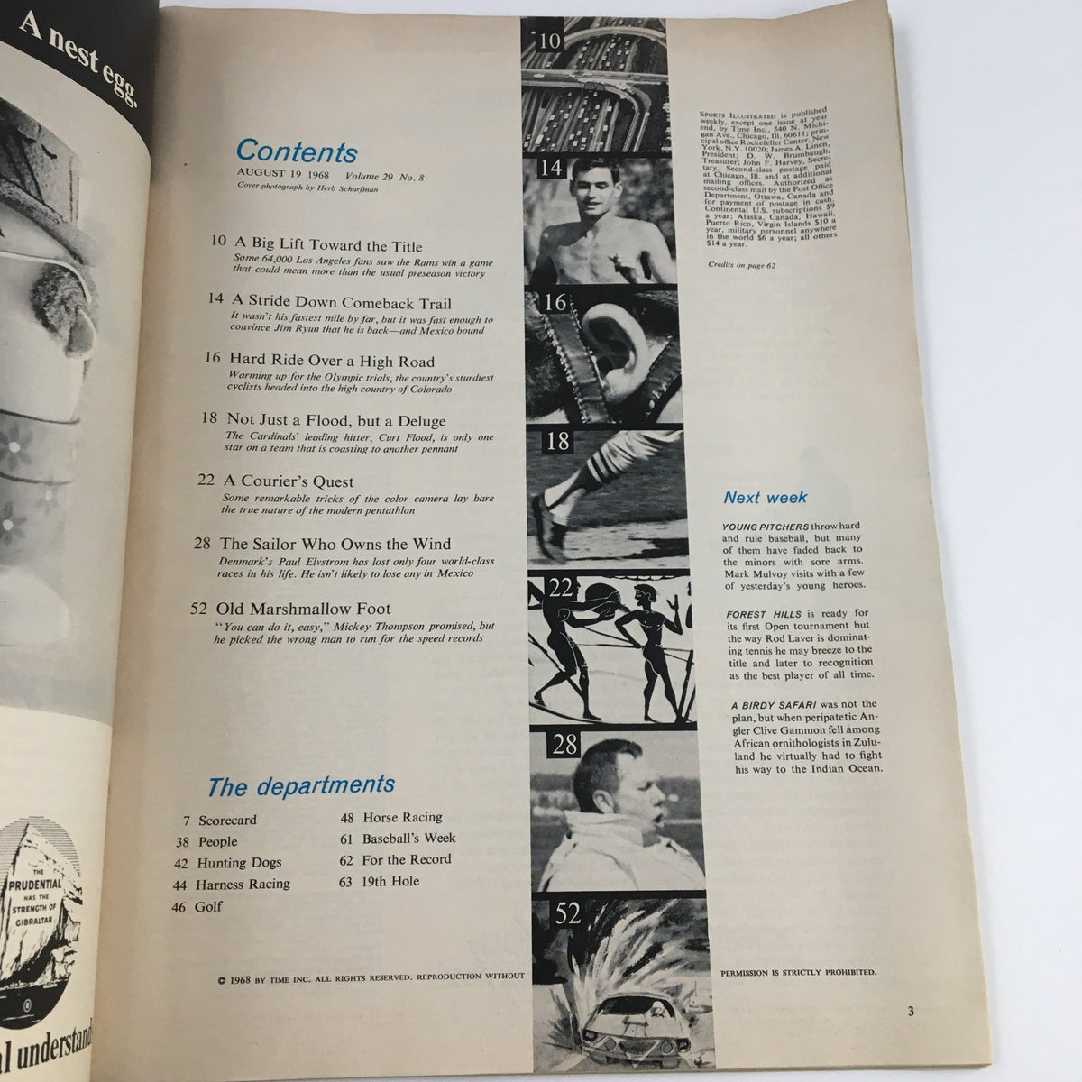 Contents page of Sports Illustrated Magazine, August 19, 1968 detailing articles and features including Curt Flood, with a list of topics covered in the issue.