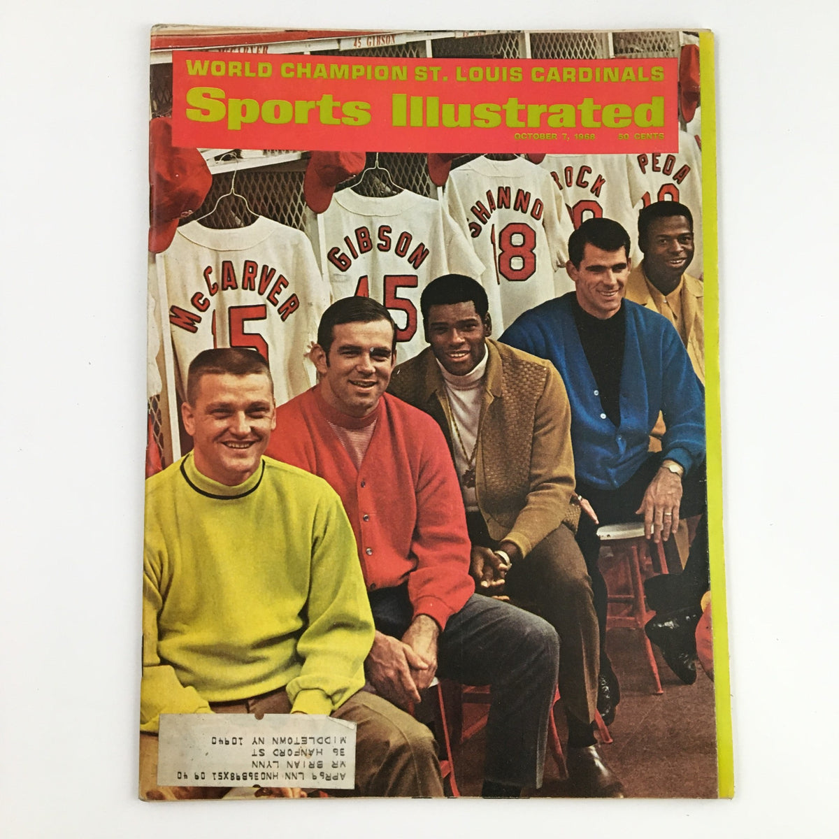 Cover of Sports Illustrated Magazine from October 7, 1968, featuring the World Champion St. Louis Cardinals with team members in colorful sweaters.