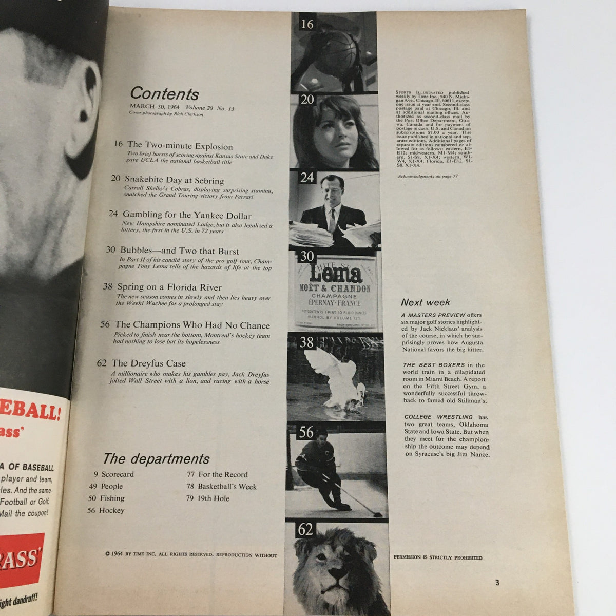 Contents page of the Sports Illustrated Magazine from March 30, 1964, detailing articles and features, highlighting NCAA basketball, and mentioning Walt Hazzard.