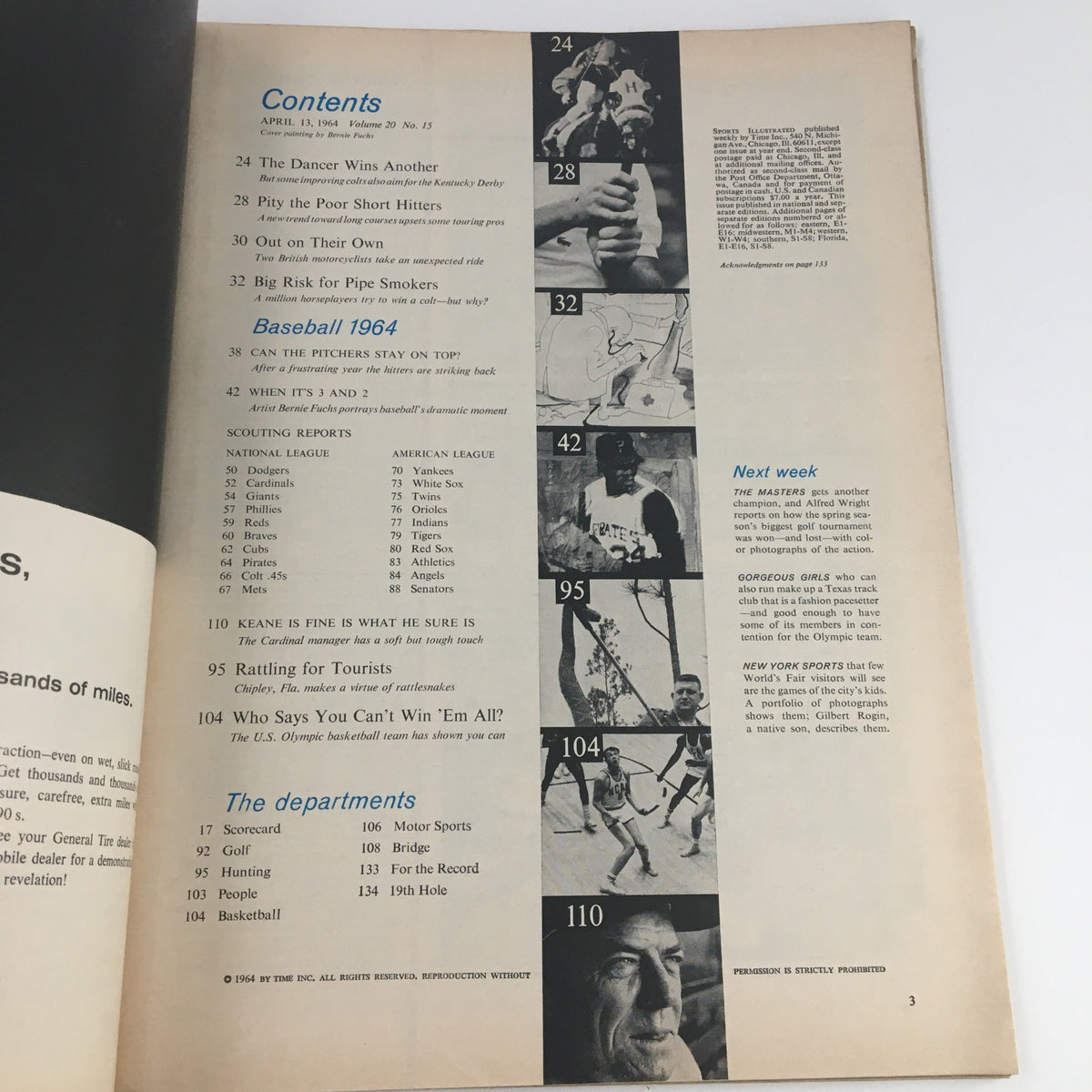 Contents page from Sports Illustrated Magazine April 13, 1964, listing articles including 'Baseball 1964' and references to teams and sports topics of the era.