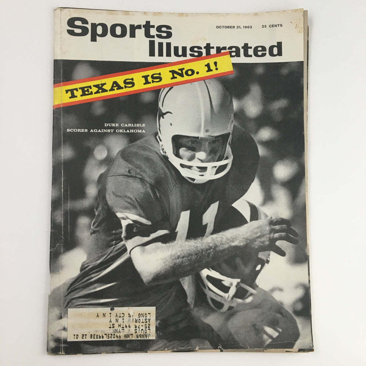 Sports Illustrated Magazine cover from October 21, 1963 featuring Duke Carlisle scoring against Oklahoma, with the text 'TEXAS IS No. 1!'