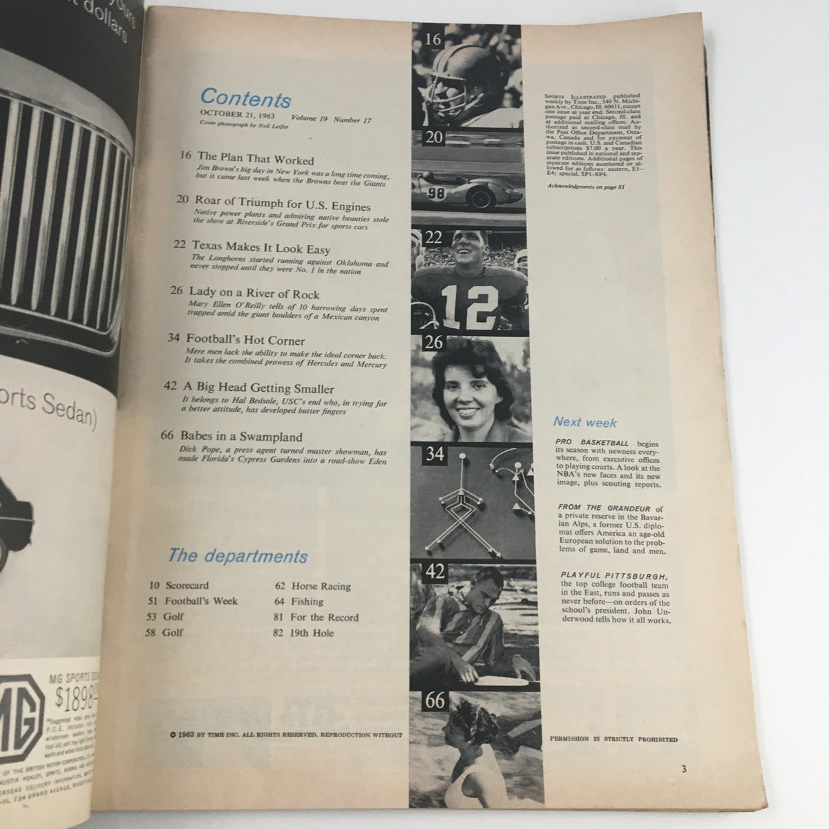 Contents page of Sports Illustrated Magazine October 21, 1963, listing articles including 'The Plan That Worked' and 'Football's Hot Corner'.
