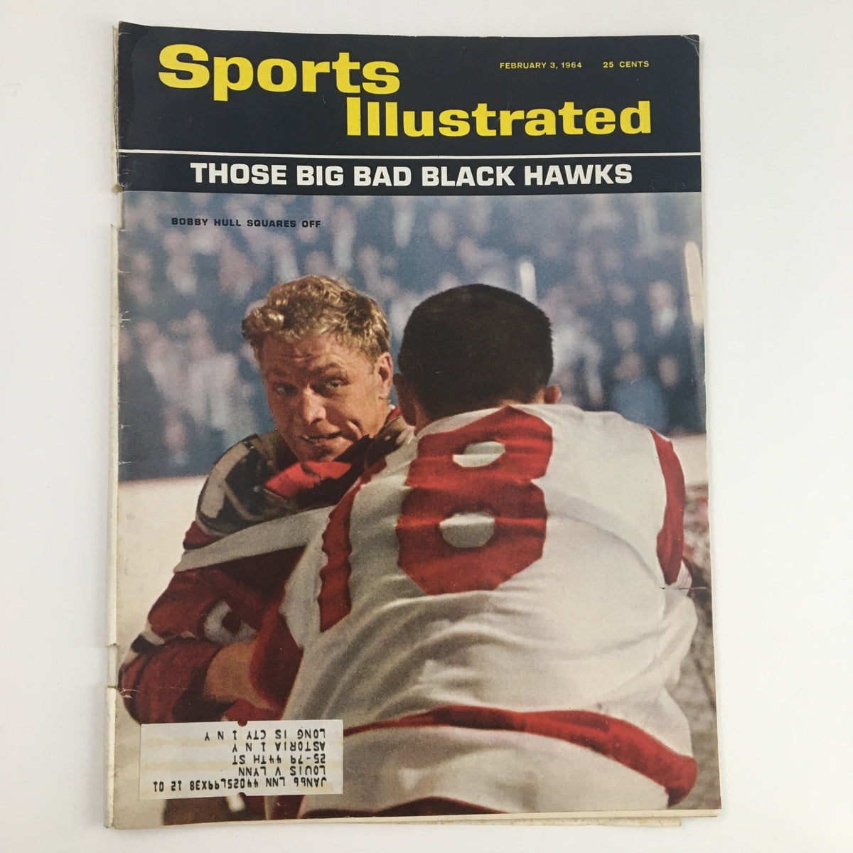 Sports Illustrated Magazine February 3 1964 featuring Bobby Hull on the cover, showcasing the headline 'Those Big Bad Black Hawks' and capturing a moment of intense hockey action.