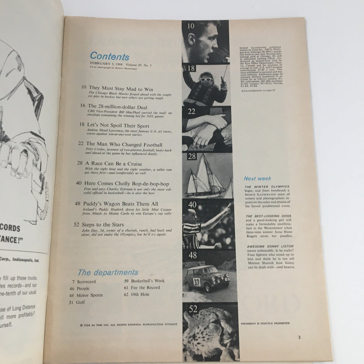 Contents page of Sports Illustrated Magazine February 3 1964, featuring articles on sports including hockey and football, along with captivating visuals and highlights of sports history.