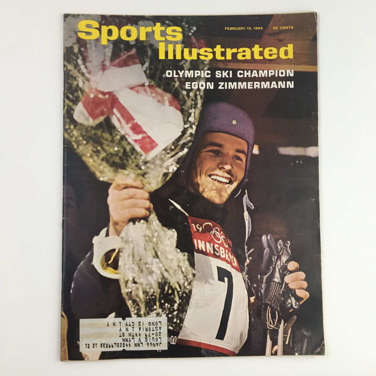 Sports Illustrated Magazine February 10 1964 featuring Olympic ski champion Egon Zimmermann on the cover, celebrating his victory with a bouquet.