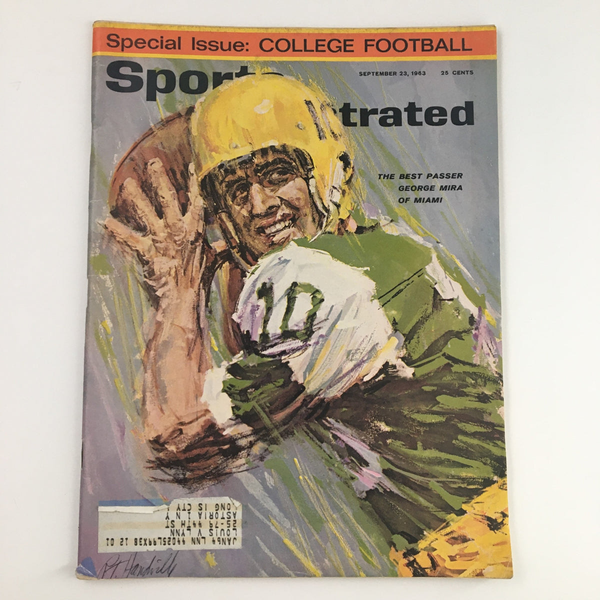 Cover of Sports Illustrated Magazine September 23, 1963 featuring George Mira, renowned quarterback from Miami, showcasing the phrase 'The Best Passer' with a depiction of Mira in action.