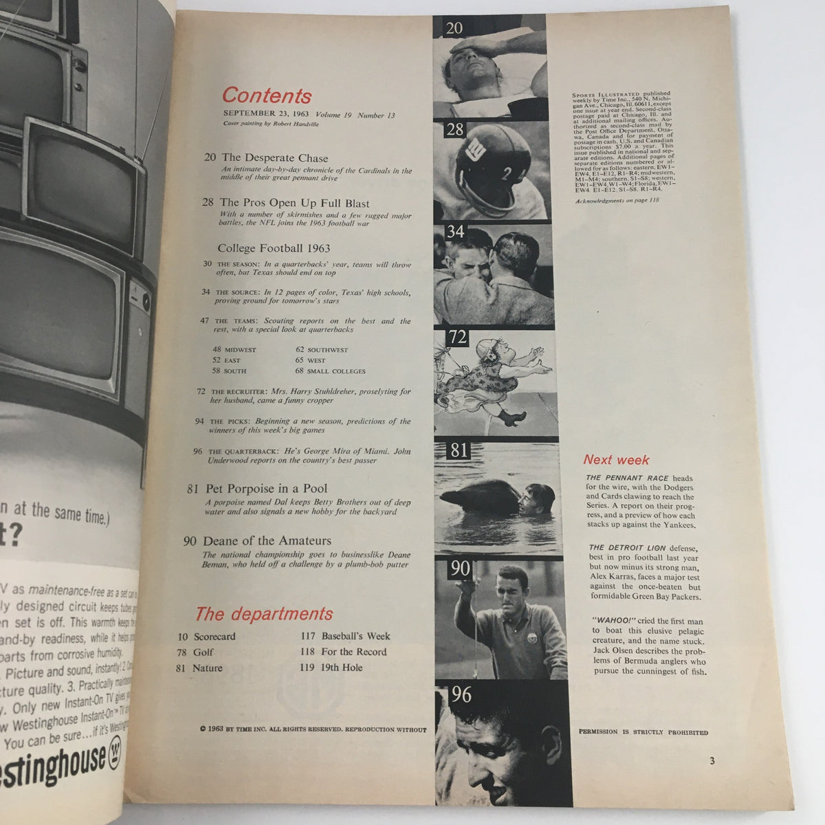 Inside page of Sports Illustrated Magazine September 23, 1963 displaying the contents section, highlighting articles and features related to college football.