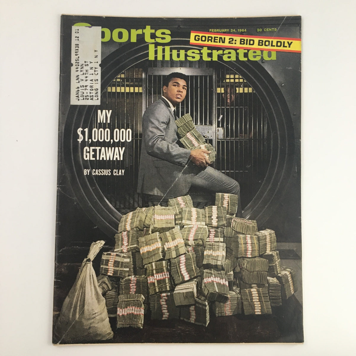 Cover of Sports Illustrated Magazine dated February 24, 1964 featuring Cassius Clay with stacks of money, titled 'My $1,000,000 Getaway'.