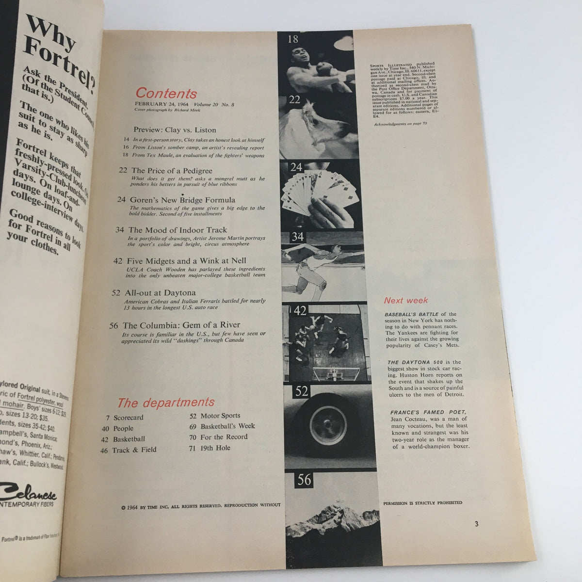 Contents page from Sports Illustrated Magazine February 24, 1964, detailing articles including features on Cassius Clay and sports topics.