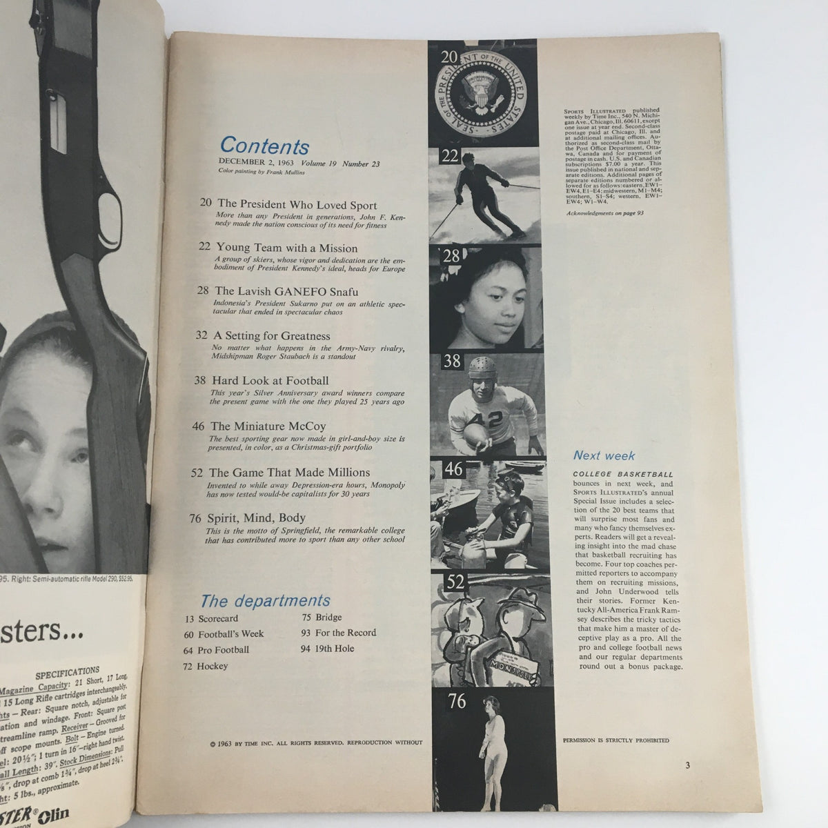 Inside page of Sports Illustrated Magazine December 2, 1963, displaying the table of contents and various articles, emphasizing sports history.