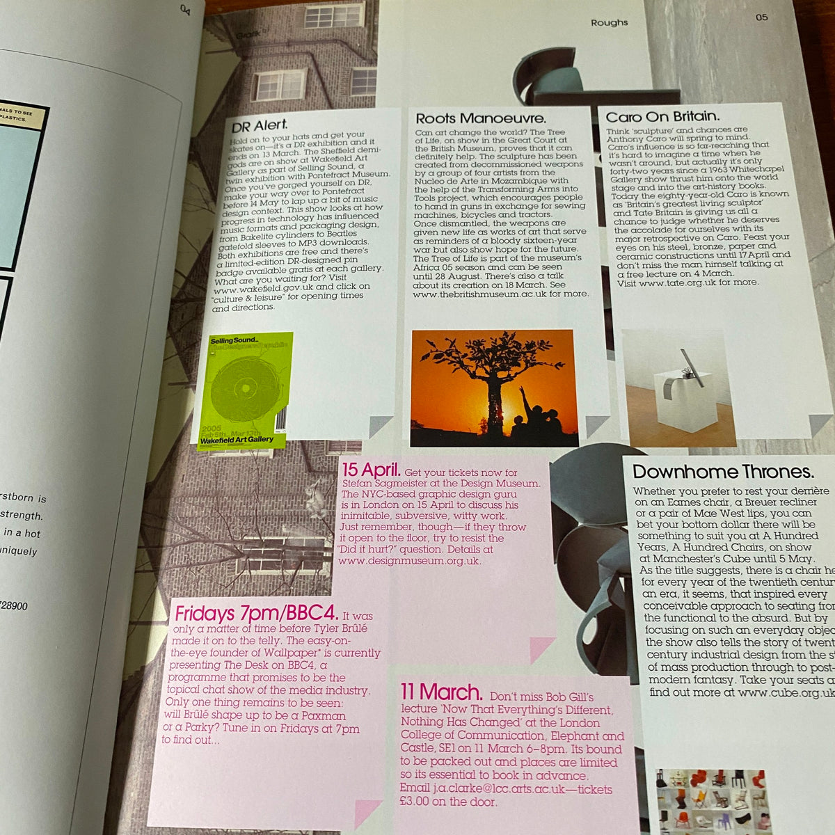 Interior page of Grafik Magazine March 2005 Mushroom Girls Virus showcasing articles and graphic layouts, reflecting 2000s design trends and artistic commentary.