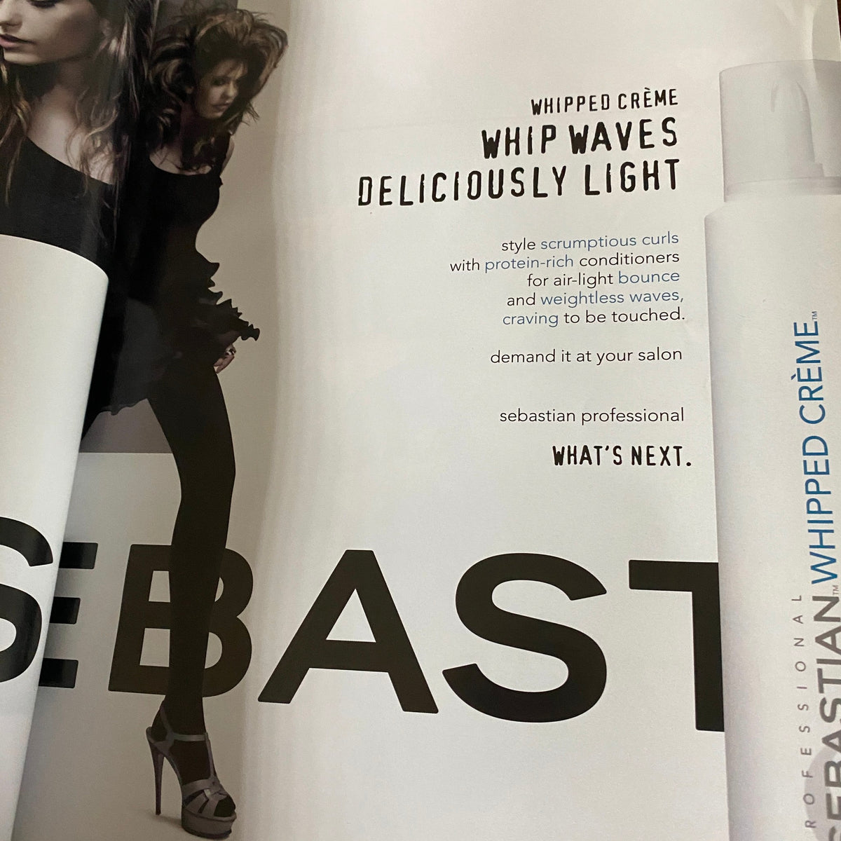 V Magazine July/August 2008 No. 54 featuring Gisele Bundchen by Mario Testino. The image showcases a full-page advertisement for Sebastian Professional Whipped Crème, highlighting stylish curls with a model in a sleek black outfit, embodying elegance and sophistication.