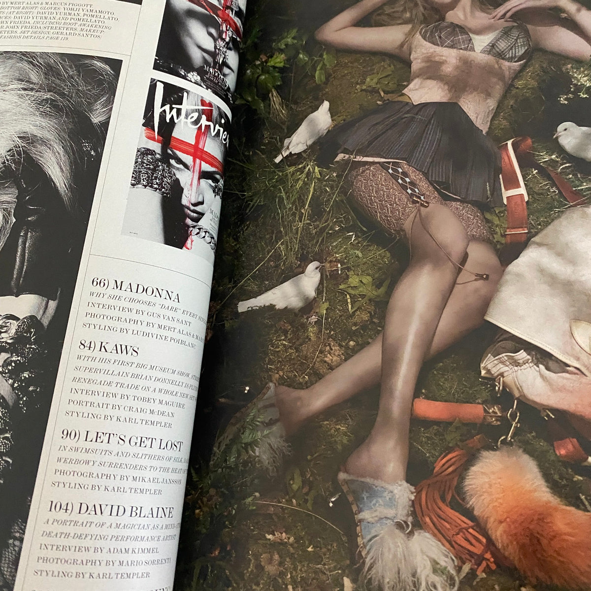 Interior layout of Interview Magazine May 2010 featuring Madonna's editorial, alongside fashion details and the creative work of photographer and stylist.