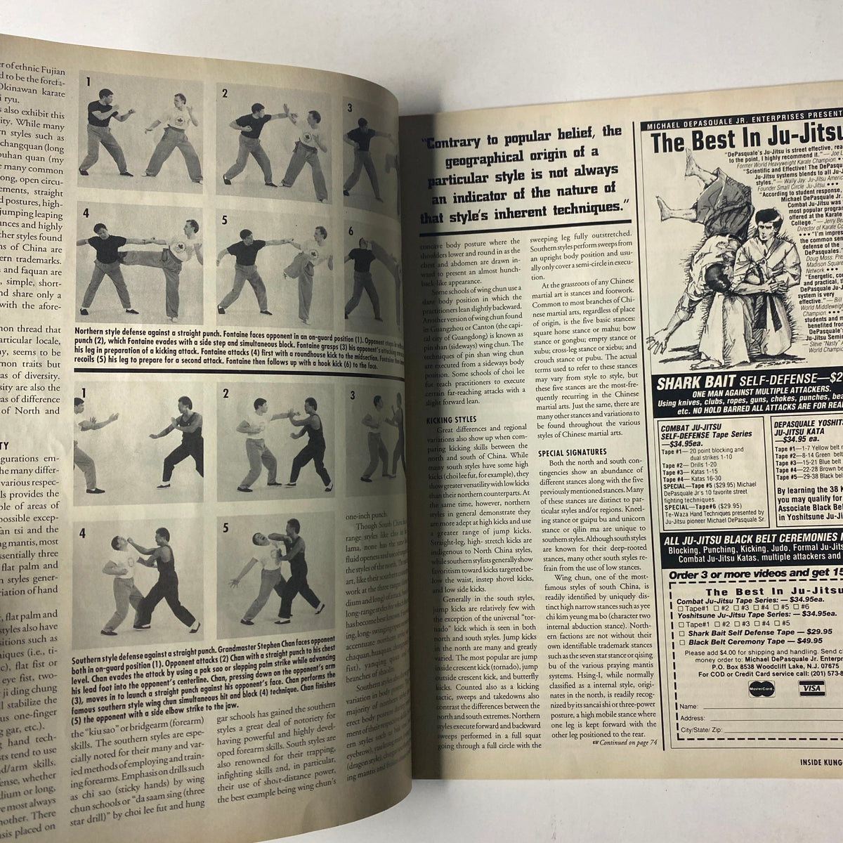 Inside pages of Inside Kung Fu Magazine July 1994 displaying martial arts illustrations and articles on jiu-jitsu techniques, highlighting Royce Gracie's impact.