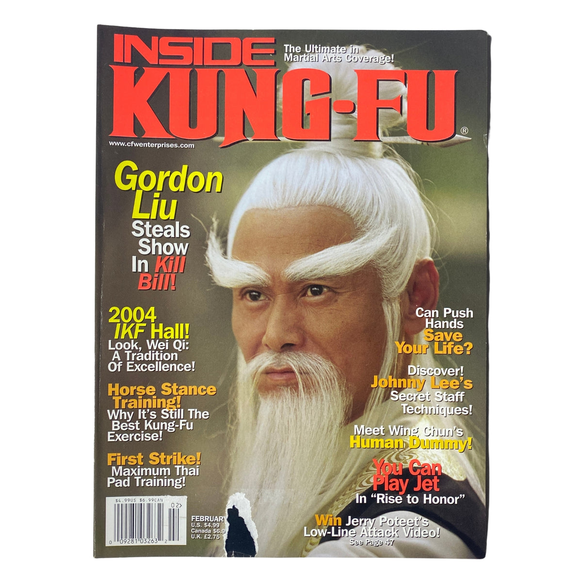 Inside Kung Fu Magazine February 2004 Vol 32, Num 2 featuring Gordon Liu on the cover, showcasing his iconic white beard and traditional attire, alongside article highlights like '2004 IKF Hall' and 'Maximum Thai Pad Training'.