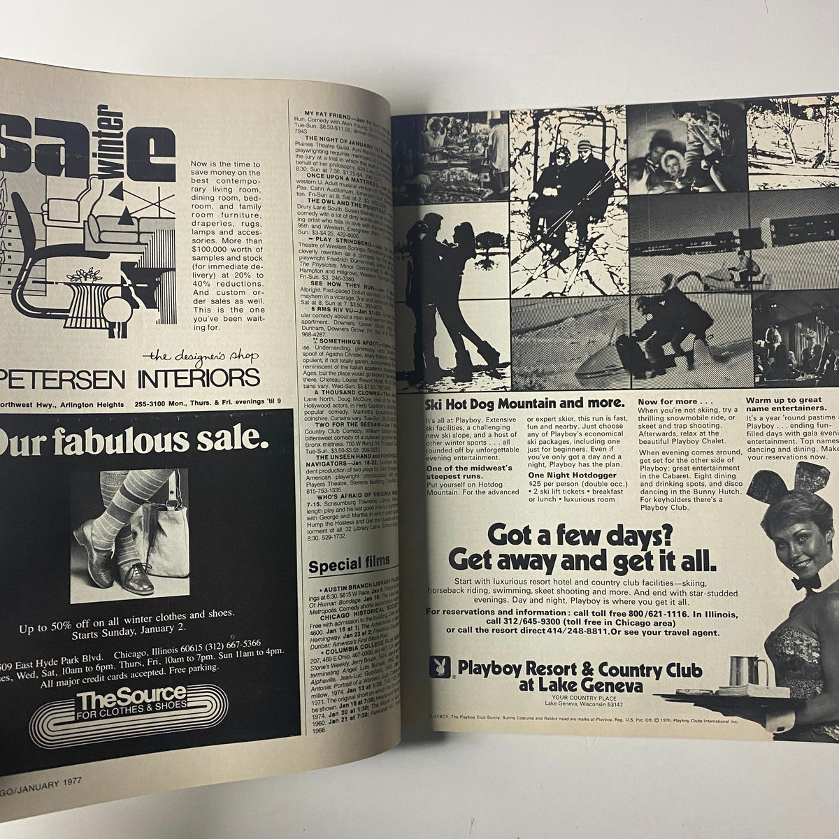 Advertisment page from Chicago Magazine January 1977 promoting sales at local retailers including Petersen Interiors and winter activities at Ski Hot Dog Mountain.