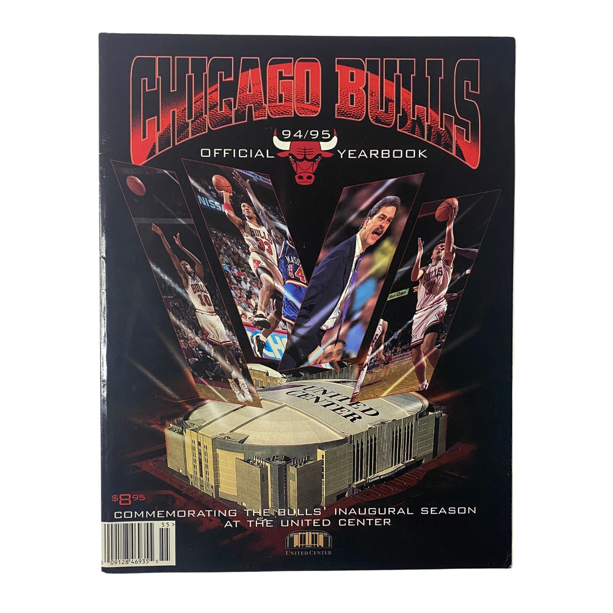 1994 - 1995 Chicago Bulls Official Yearbook cover featuring a dynamic design commemorating the Bulls' inaugural season at the United Center.