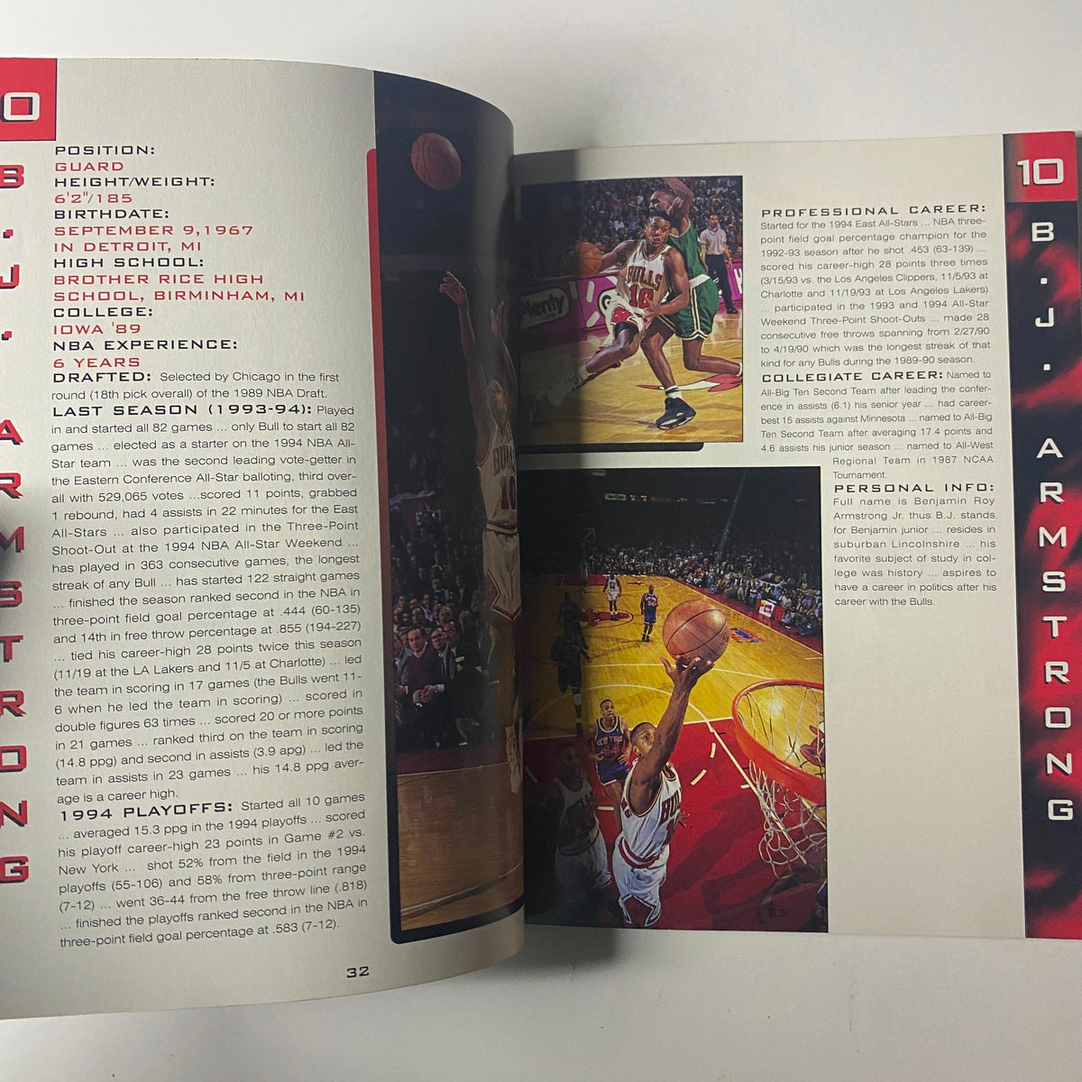 1994 - 1995 Chicago Bulls Official Yearbook featuring B.J. Armstrong's player profile, including action shots and career information within the team history.