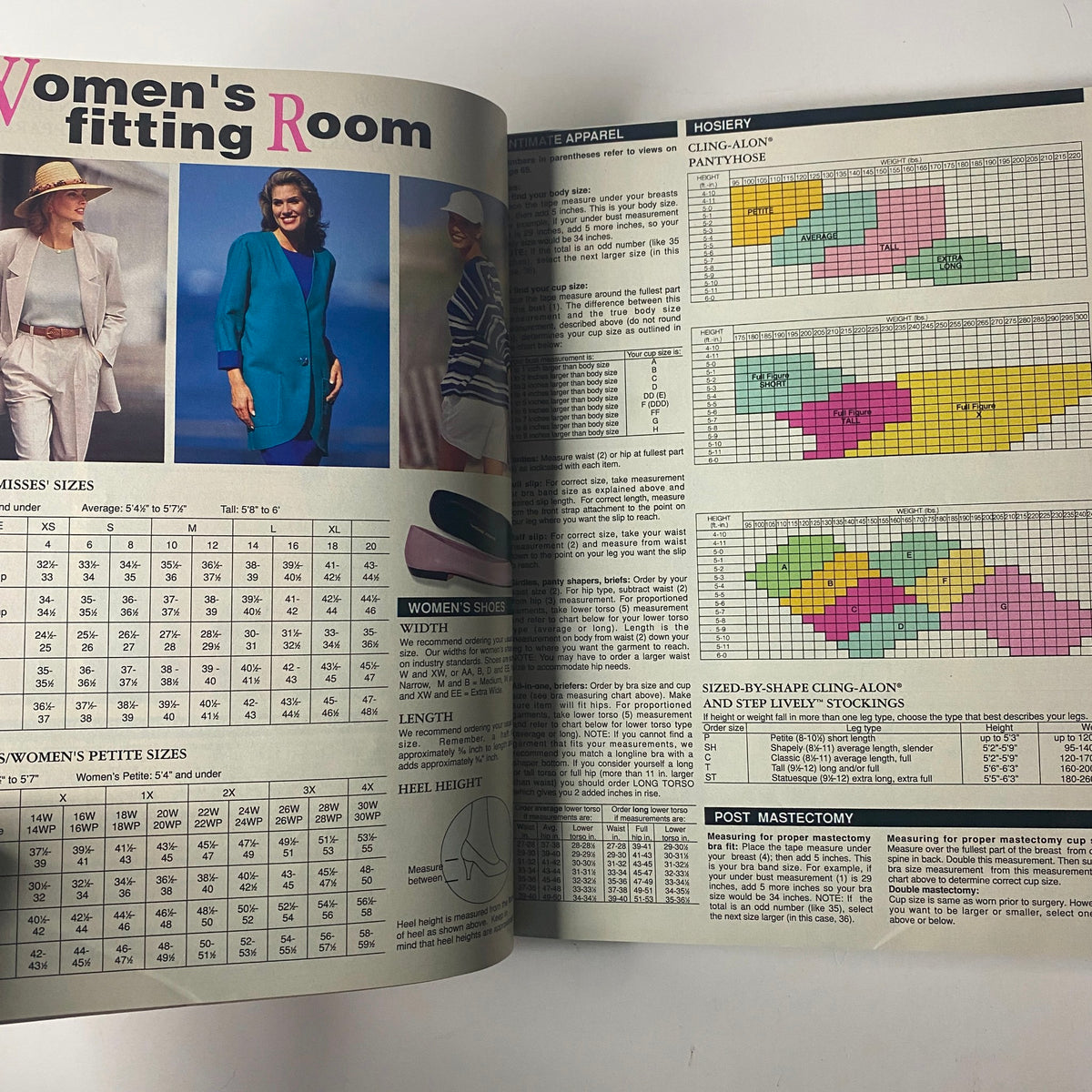 Women's fitting room section of the 1993 Sears Spring Summer Annual Catalog with apparel sizing charts and fashion images.