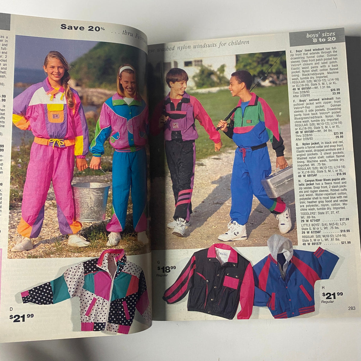Kids' activewear section from the 1993 Sears Spring/Summer Annual Catalog, featuring girls in colorful windbreakers and boys in sporty outfits, highlighting retro children's fashion.