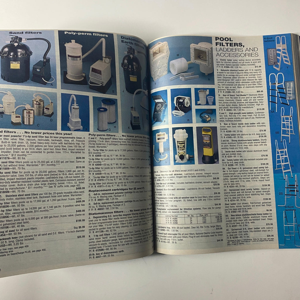 1993 Sears Spring/Summer Annual Catalog presenting pool accessories including filters and ladders, with product pricing and specifications.