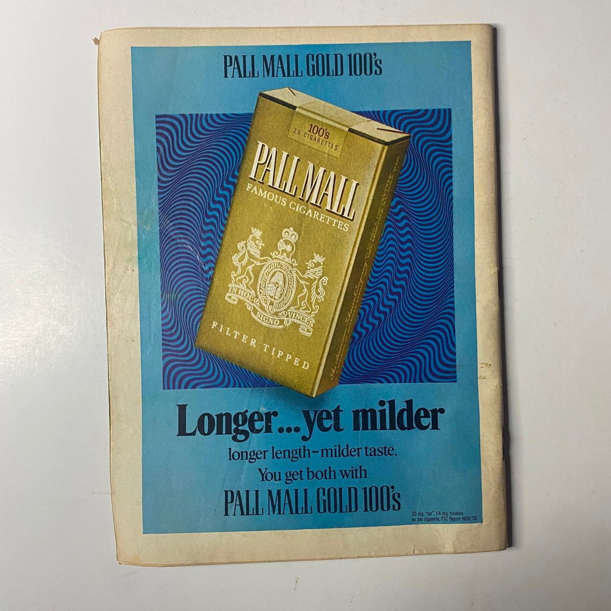 Pall Mall Gold 100's cigarette advertisement featuring the tagline 'Longer... yet milder', promoting its filter-tipped feature. Related to Time Magazine cover dated August 9, 1971, featuring Apollo 15 astronauts.