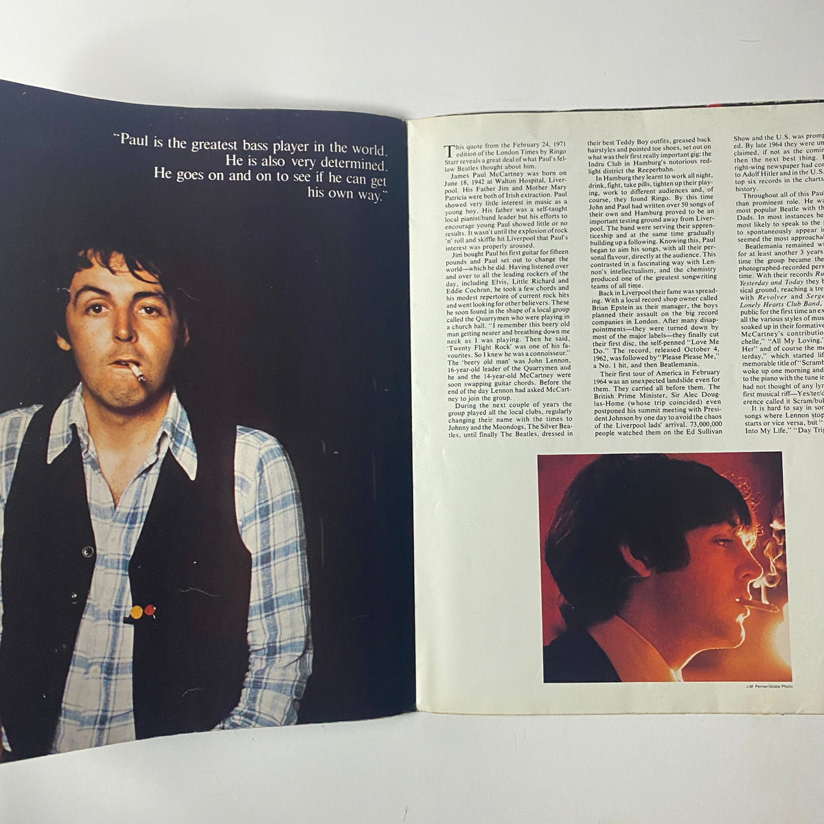 Inner page from Rock Superstars Poster Magazine 1975 No. 7 featuring a photograph of Paul McCartney smoking with a quote about his musical talent. This magazine highlights McCartney in his post-Beatles career.
