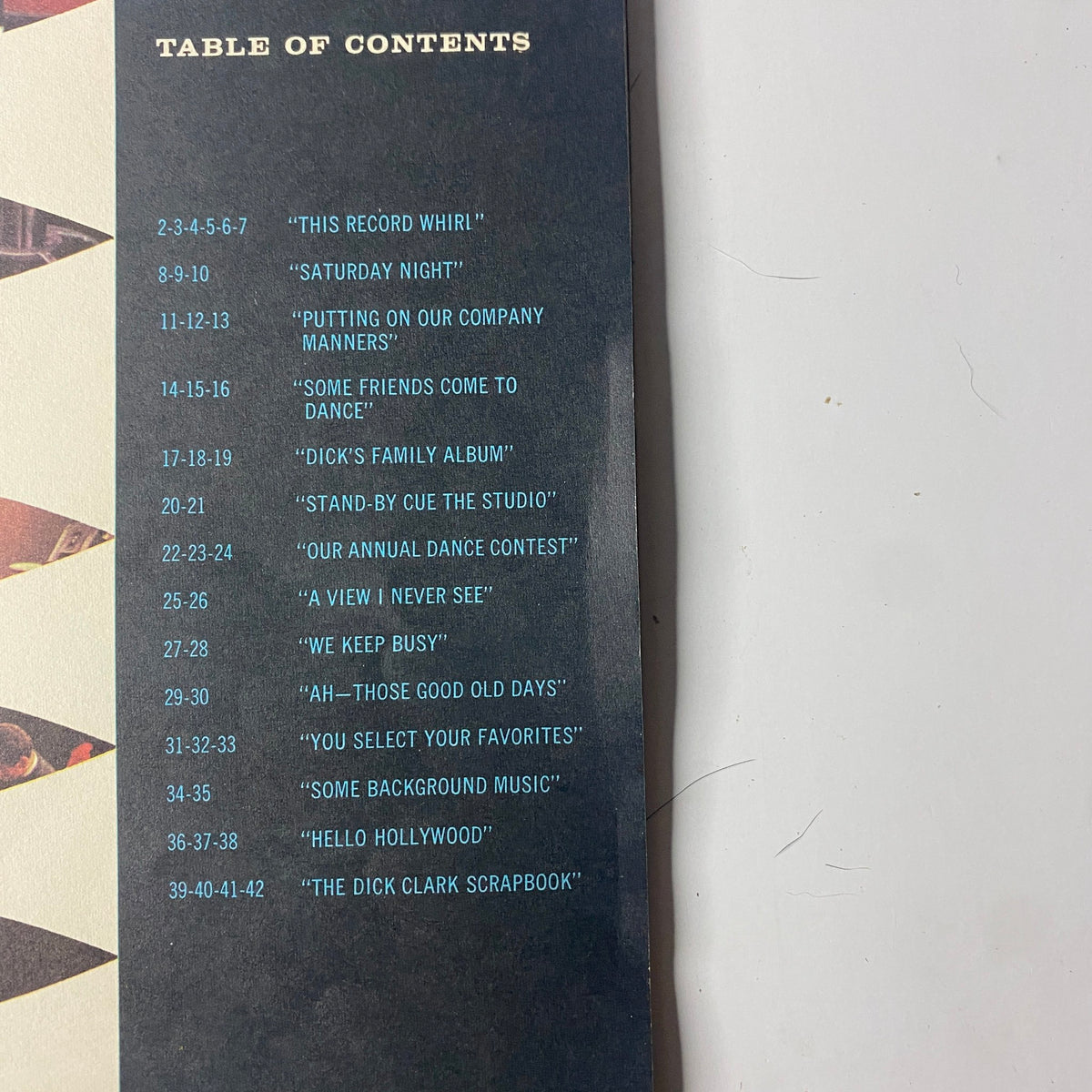 Table of contents from the 1959 Dick Clark Official American Bandstand Picture Yearbook outlining various sections and features.