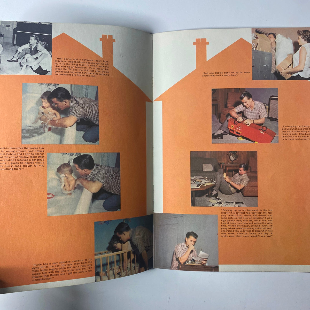 1959 Dick Clark Official American Bandstand Picture Yearbook featuring nostalgic family moments, with photographs of parents and children interacting in a home setting. A vintage snapshot capturing the essence of 1950s family life.