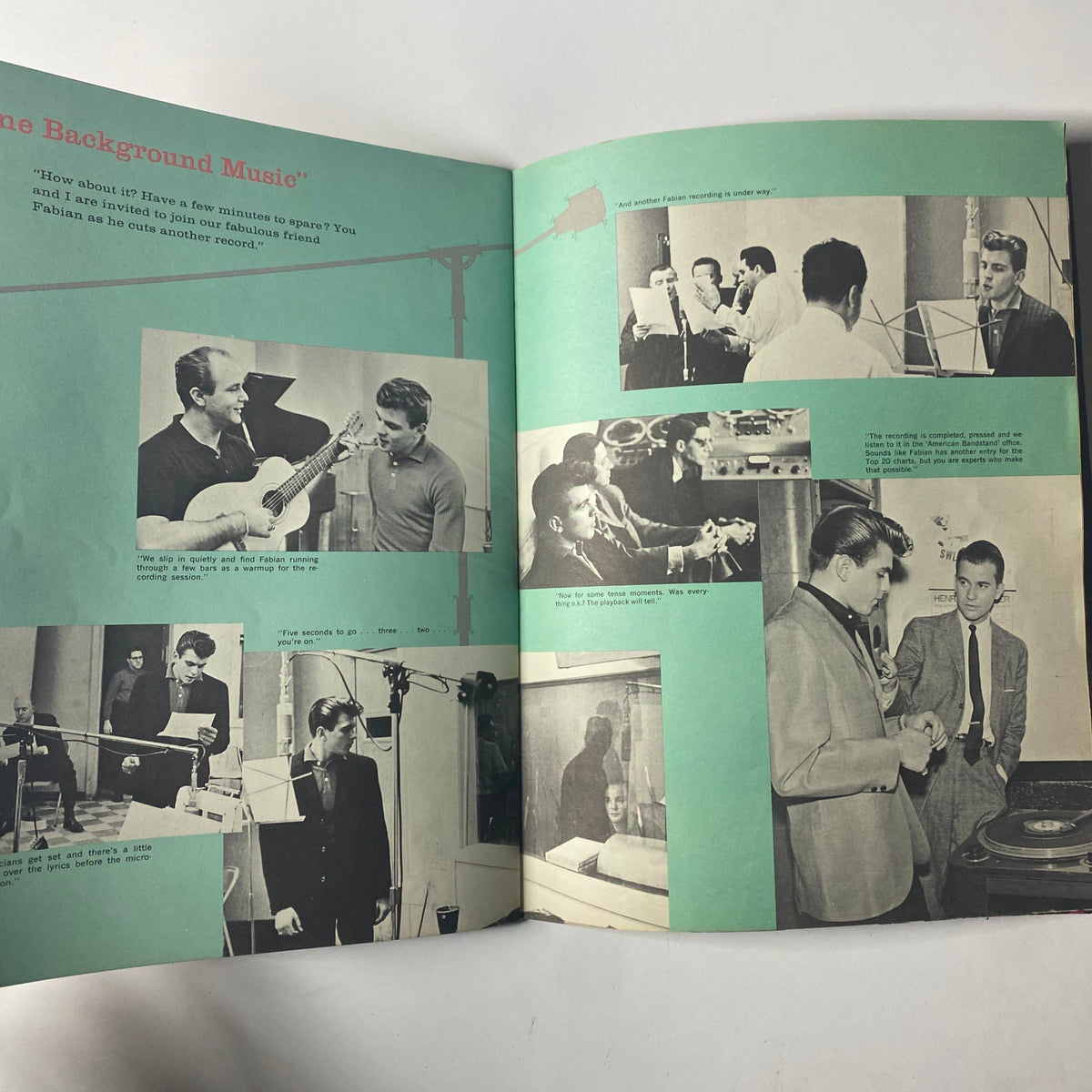 1959 Dick Clark Official American Bandstand Picture Yearbook page dedicated to 'Background Music', featuring artists and musicians in a studio setting, capturing live performances and the vibrant music scene of the late 1950s.
