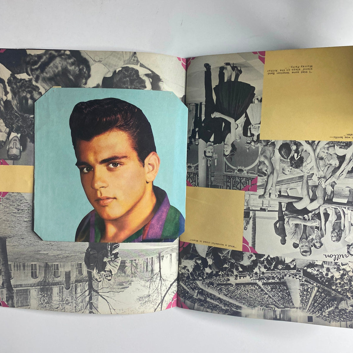 1959 Dick Clark Official American Bandstand Picture Yearbook highlighting a handsome young man, a nostalgic image representing the 1950s youth culture, with stylish background designs that evoke the era.