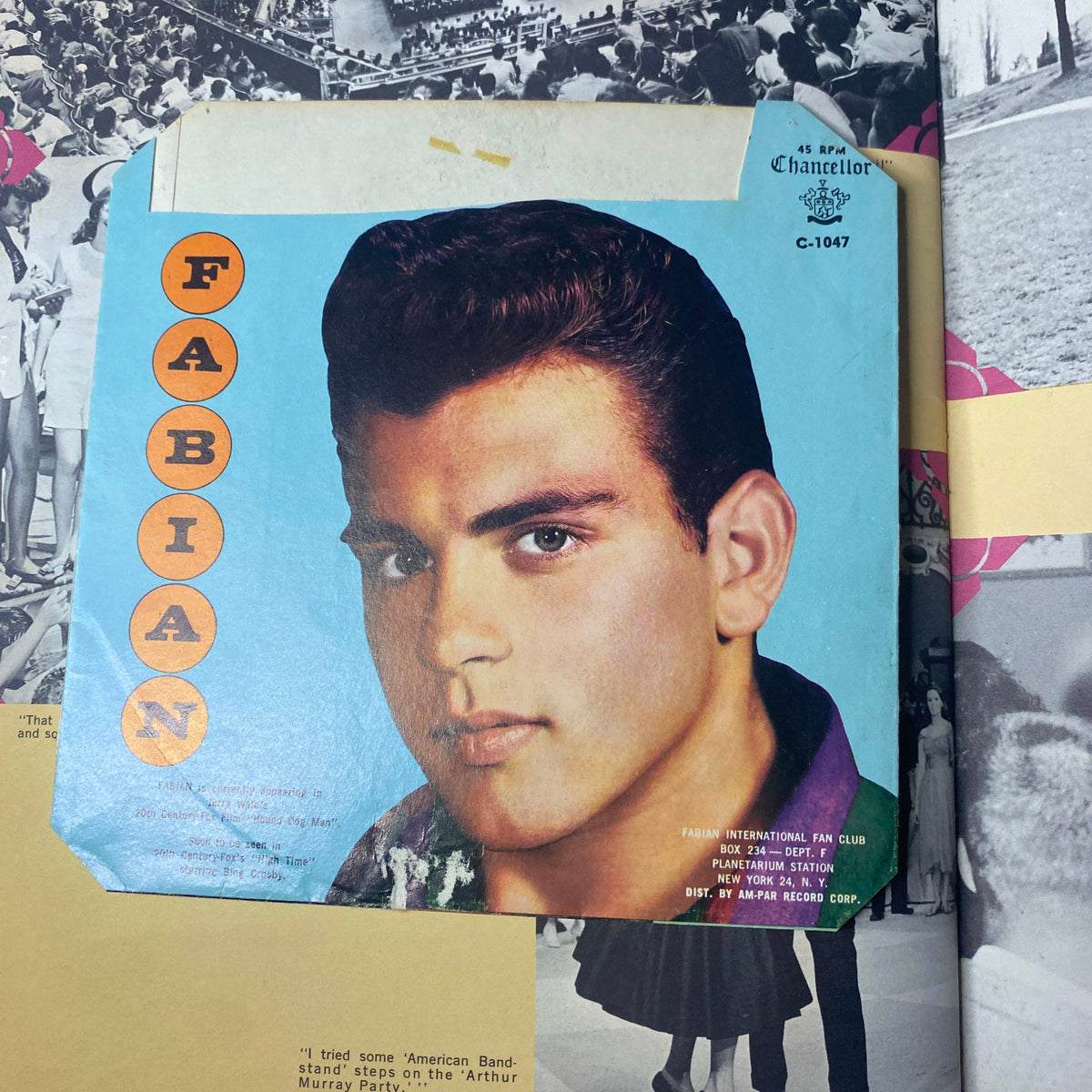 1959 Dick Clark Official American Bandstand Picture Yearbook displaying the album cover of 'Fabian', a popular teen idol of the 1950s, reflecting the music and pop culture of the time.