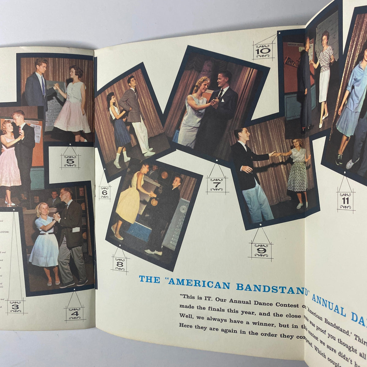 Page from the 1959 Dick Clark Official American Bandstand Picture Yearbook showcasing dance contest highlights with vintage photographs of contestants dancing and celebrating.