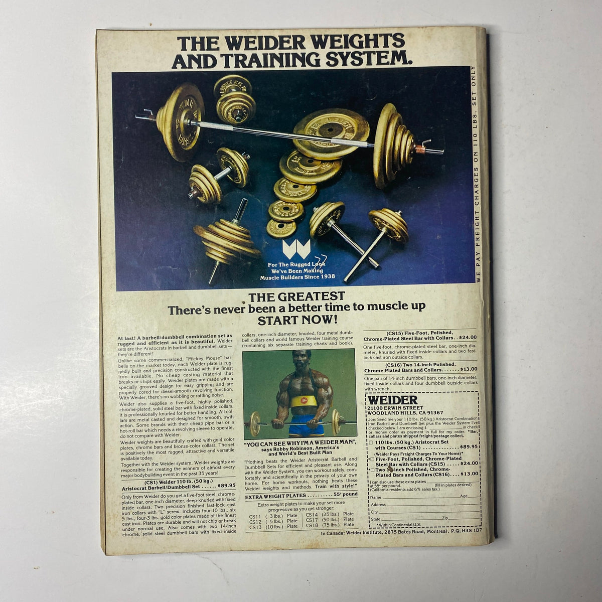 Back cover of Joe Weider’s Muscle Builder Power Magazine February 1980 advertising the Weider weights and training system, inviting readers to start their bodybuilding journey.