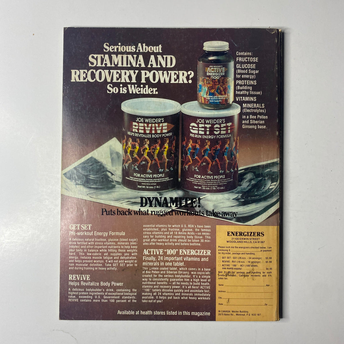 Back cover of Joe Weider’s Muscle Builder Power Magazine December 1979 promoting Weider's stamina and recovery products with a focus on health and fitness supplements.