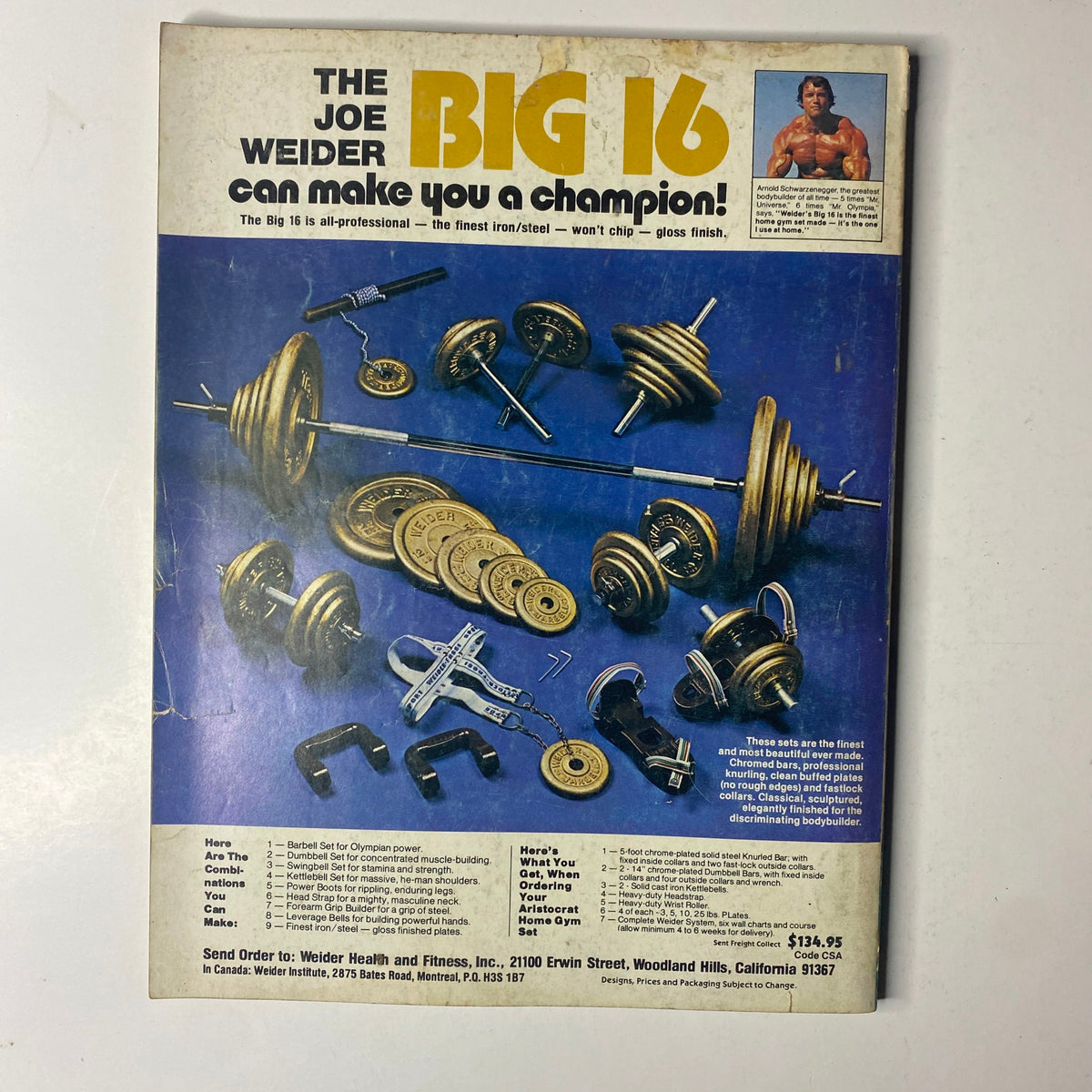 Back cover of Joe Weider’s Muscle Builder Power Magazine April 1980 featuring the Joe Weider Big 16 home gym equipment advertisement.