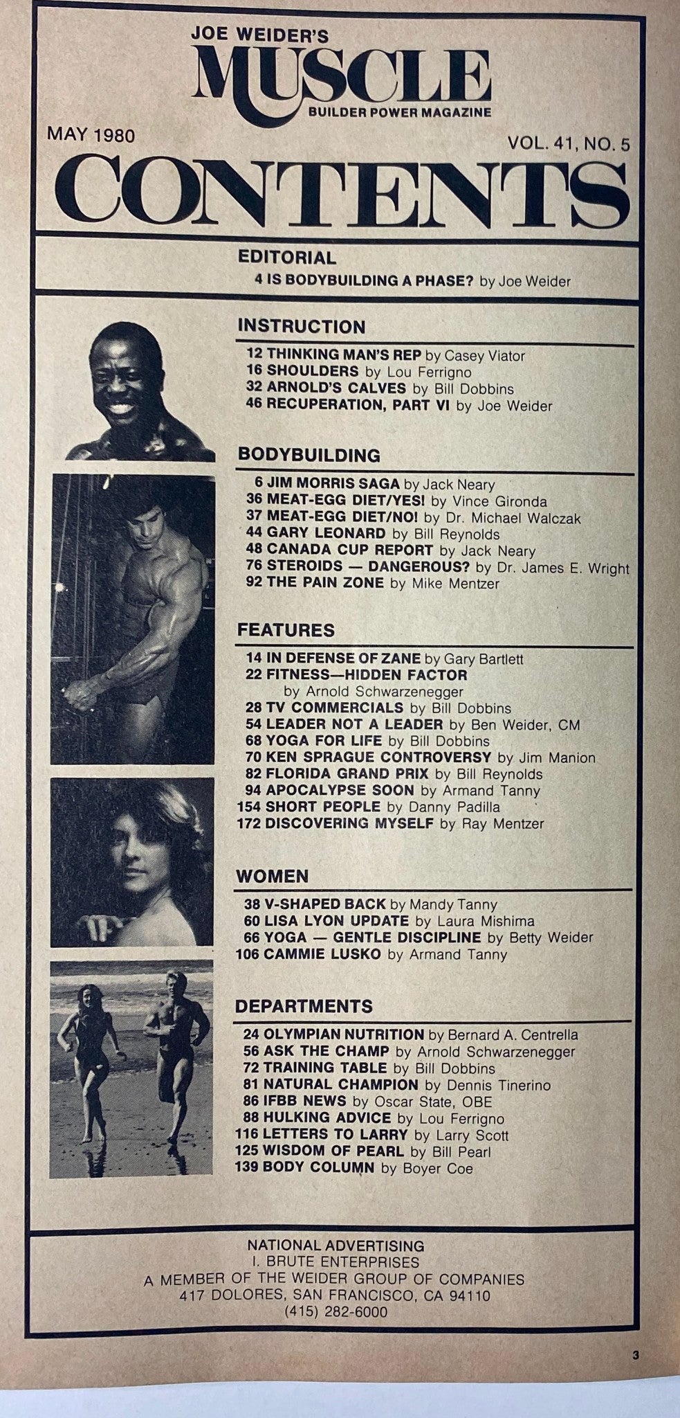 Contents page of Joe Weider’s Muscle Builder Power Magazine May 1980, detailing articles including 'Thinking Man’s Rep' and 'In Defense of Zane'.