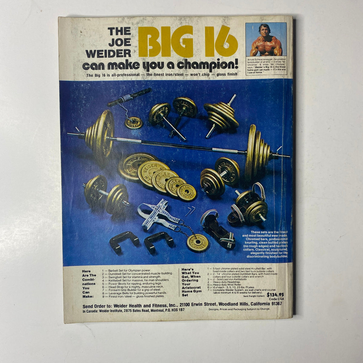 Back cover of Joe Weider’s Muscle Builder Power Magazine May 1980 advertising 'The Joe Weider Big 16' fitness program with an image of weightlifting equipment.