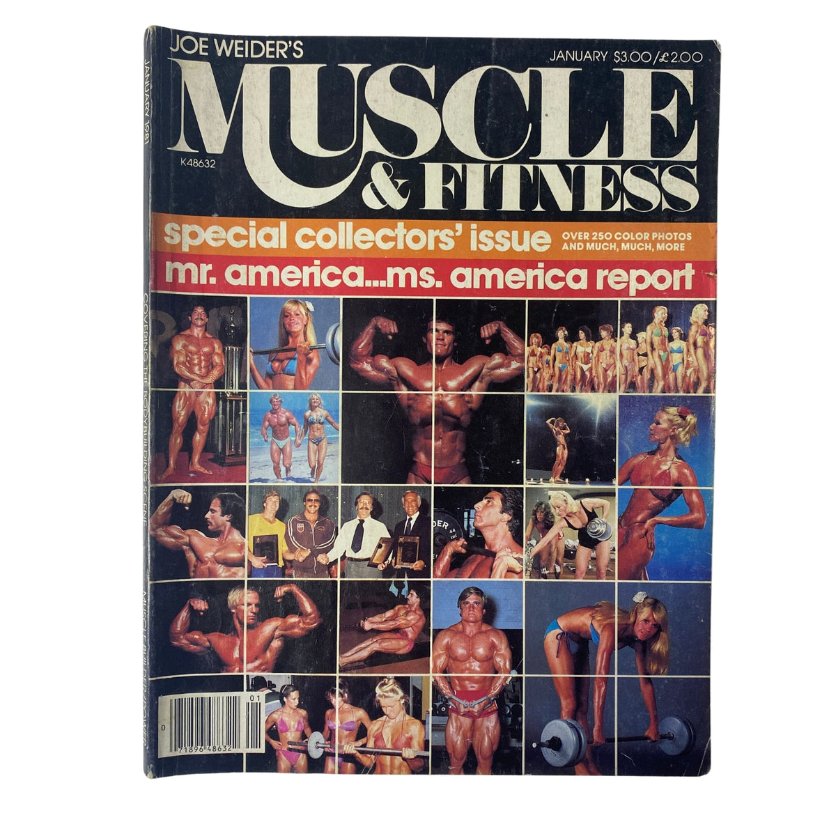 Cover of Joe Weider’s Muscle & Fitness Magazine January 1981 featuring a collage of bodybuilding photographs, highlighting Mr. America and Ms. America. Special collectors' issue.