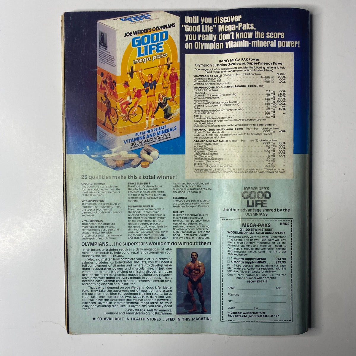 Back cover of Joe Weider’s Muscle & Fitness Magazine January 1981 promoting Joe Weider's Good Life Mega-Paks, emphasizing health benefits for bodybuilders.