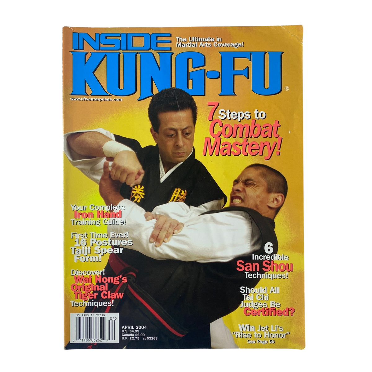Cover of Inside Kung-Fu Magazine, April 2004, featuring Coach Shawn Liu with a headline about '7 Steps to Combat Mastery' and articles on San Shou techniques.